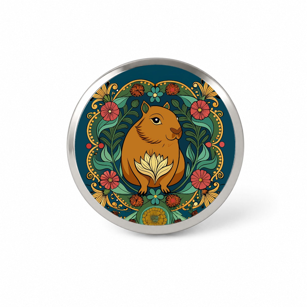 Capybara Floral Art Nouveau Flowers Elegant Novelty Hat Backpack Lapel Pin