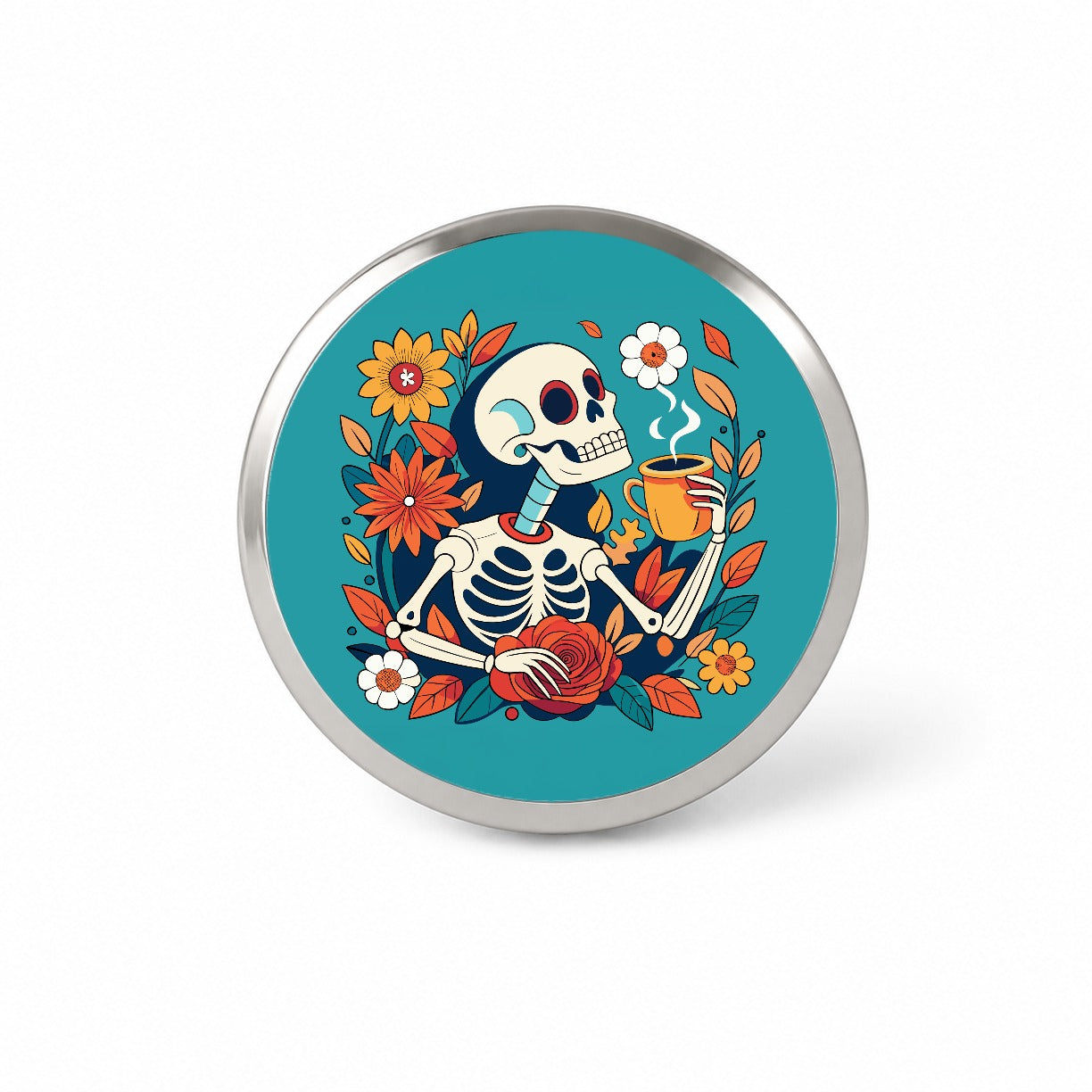 Skeleton Drinking Coffee Funny Floral Flowers Novelty Hat Backpack Lapel Pin