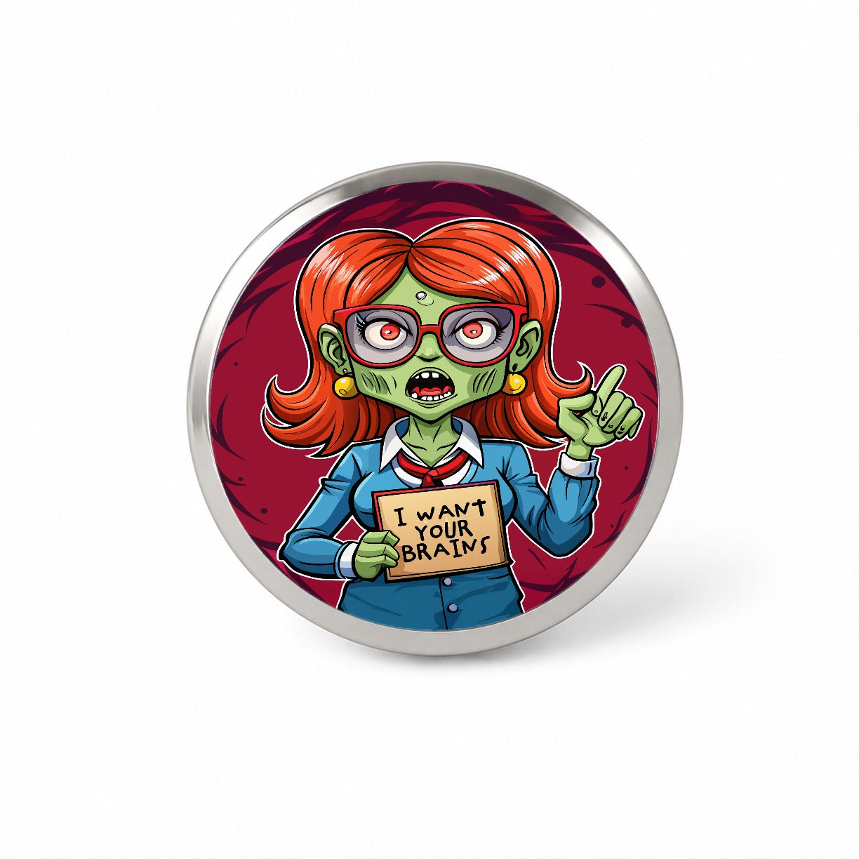 Teacher Zombie Woman I Want Your Brains Novelty Hat Backpack Lapel Pin