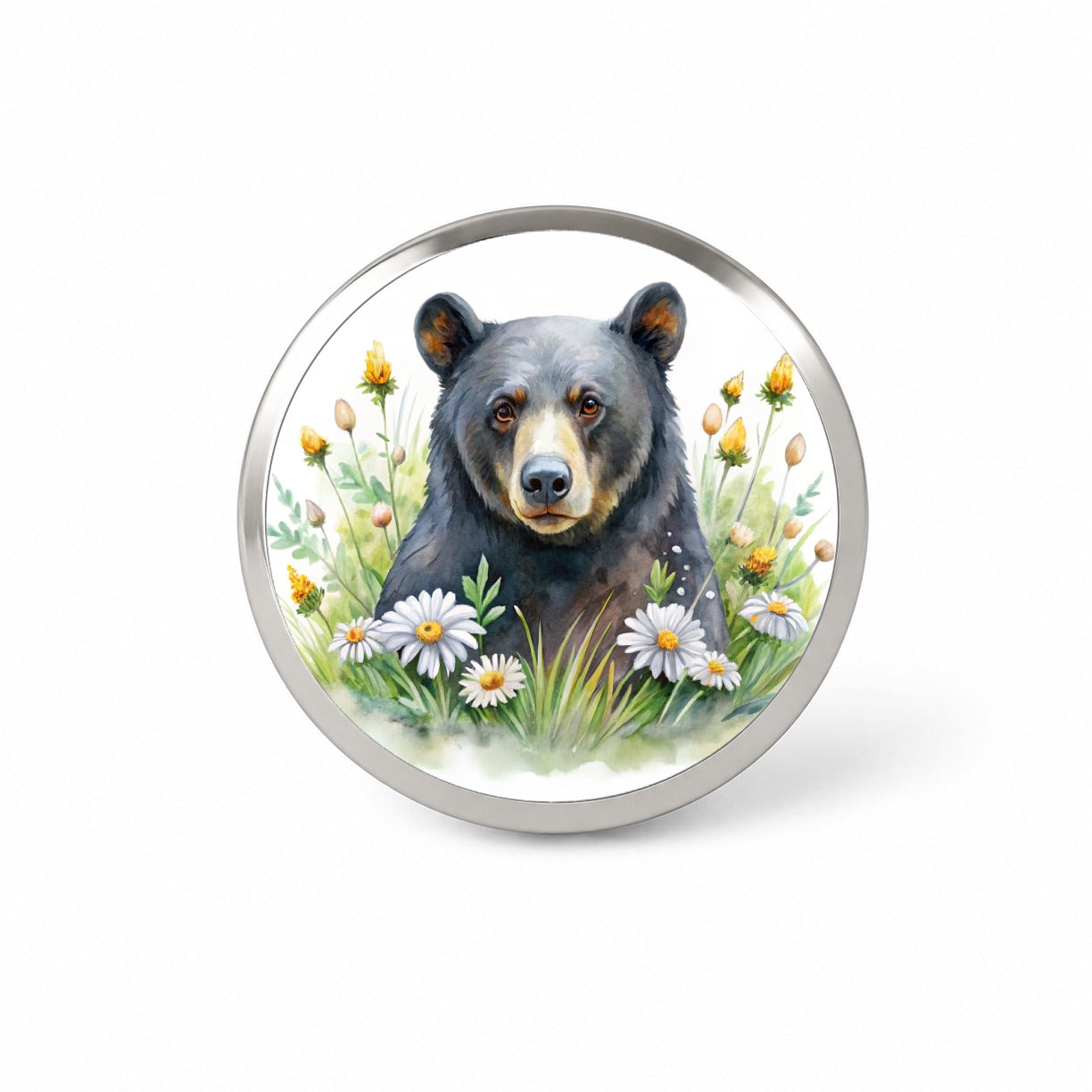 Black Bear Watercolor Design With Daisies Novelty Hat Backpack Lapel Pin