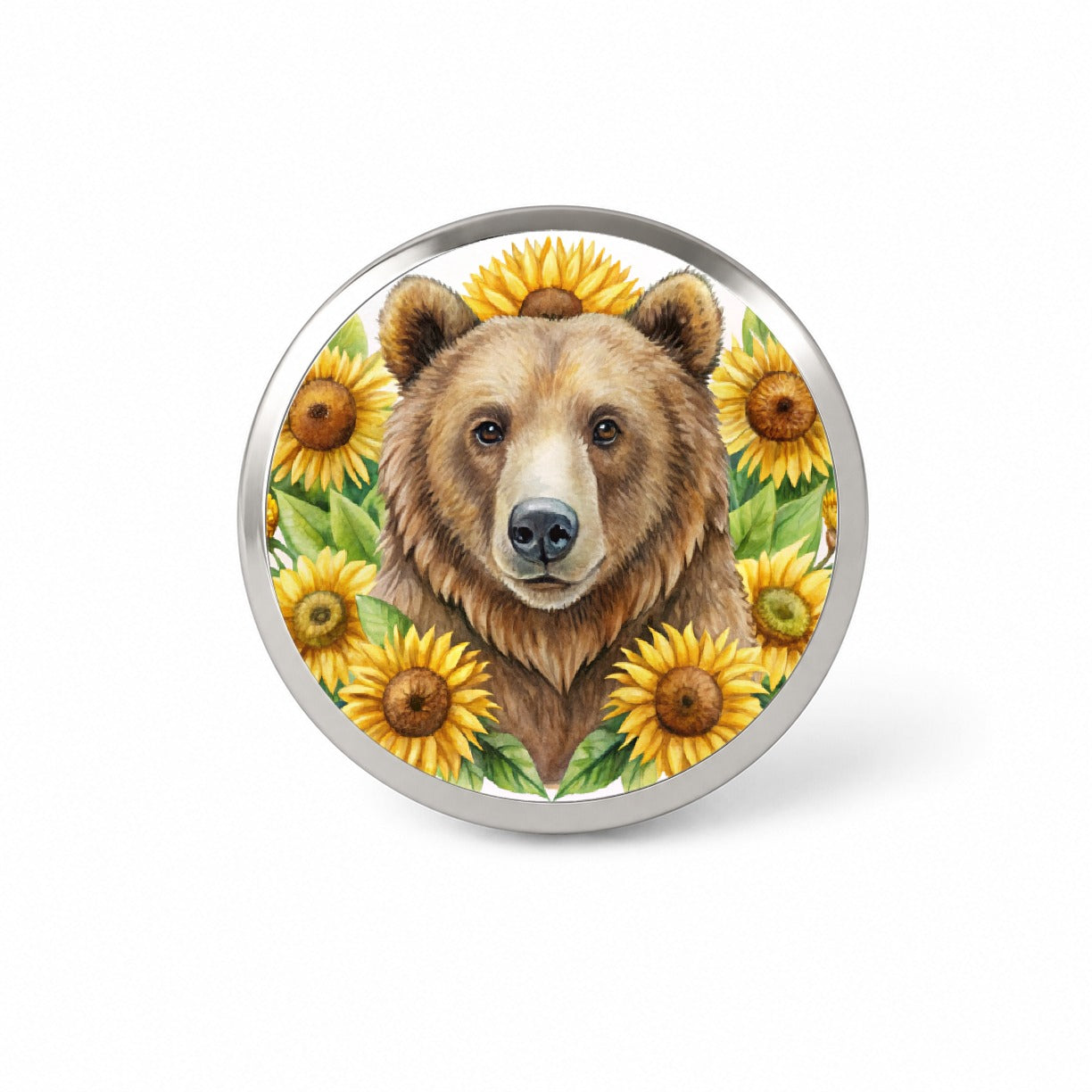 Brown Bear Watercolor Design With Sunflowers Novelty Hat Backpack Lapel Pin