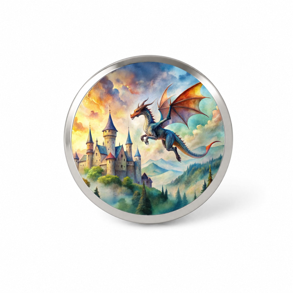 Dragon Flying Over Castle Watercolor Fantasy Novelty Hat Backpack Lapel Pin