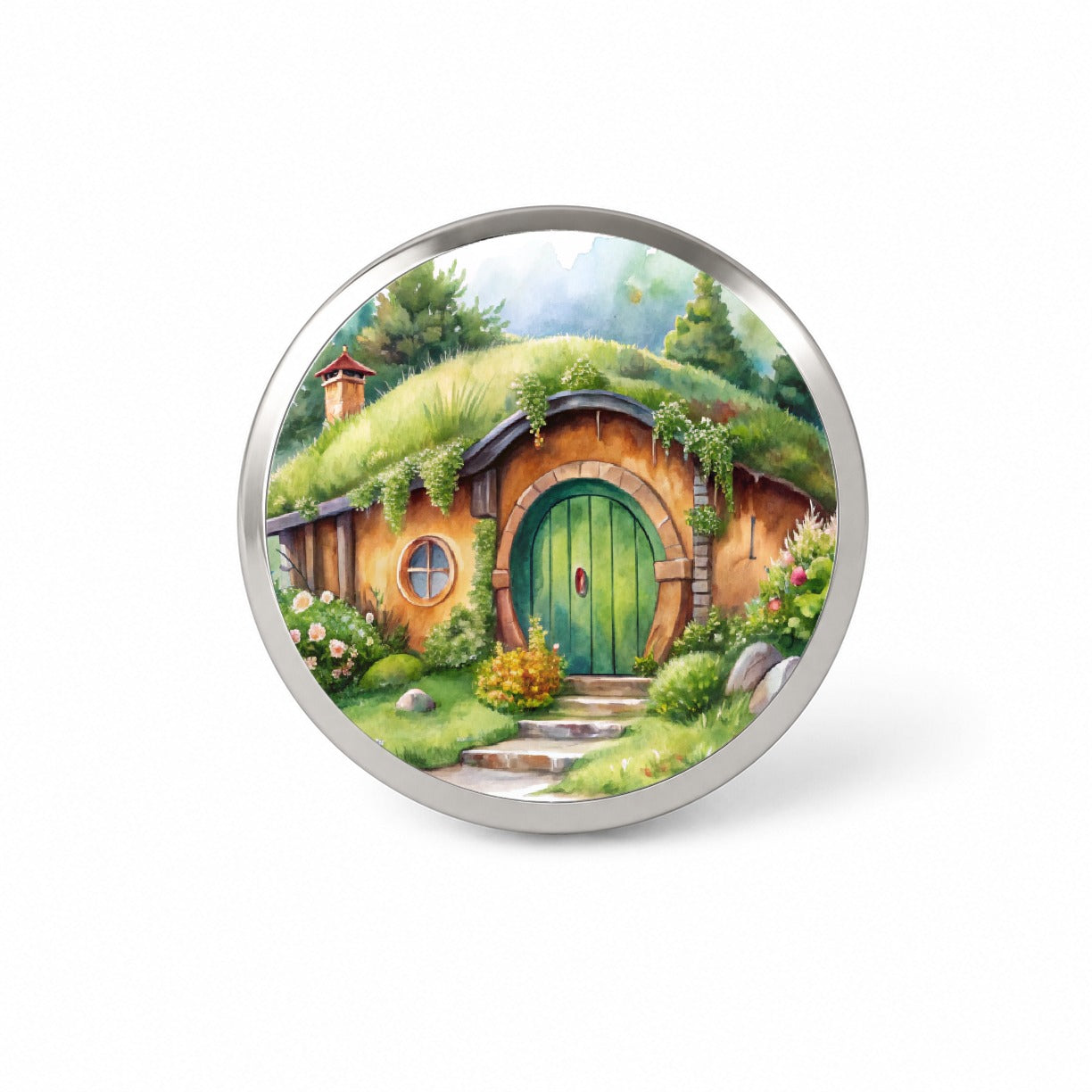 Fantasy House Grass Roof Watercolor Design Novelty Hat Backpack Lapel Pin