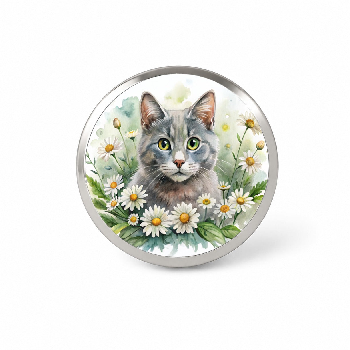 Gray Cat Watercolor Design With Daisies Novelty Hat Backpack Lapel Pin