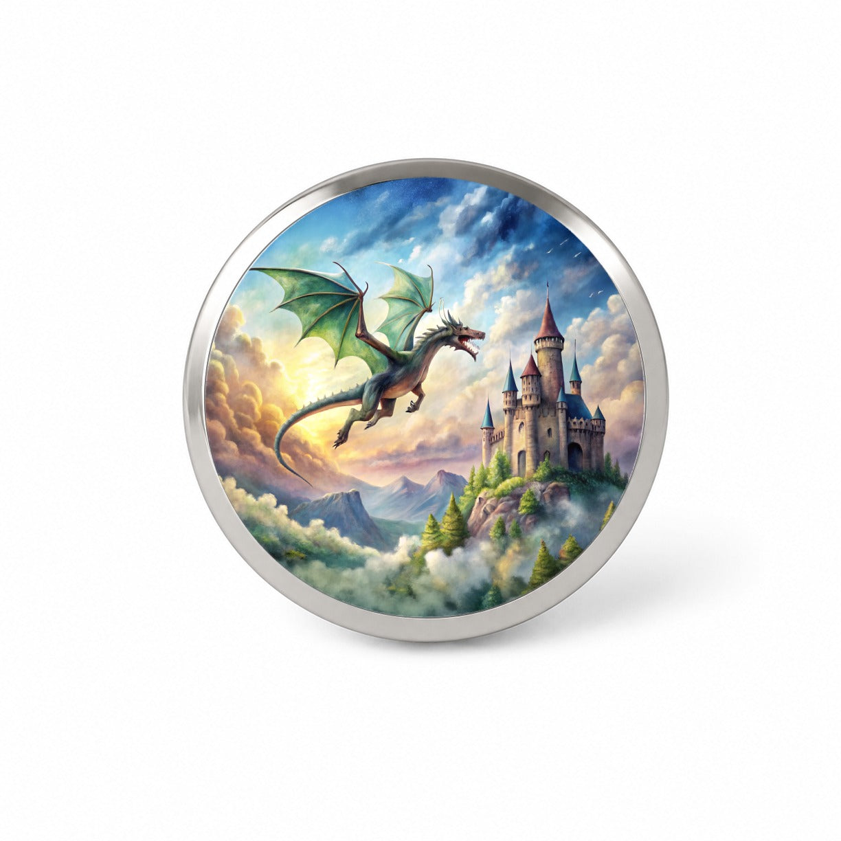 Green Dragon Flying Over Castle Watercolor Fantasy Novelty Hat Backpack Lapel Pin