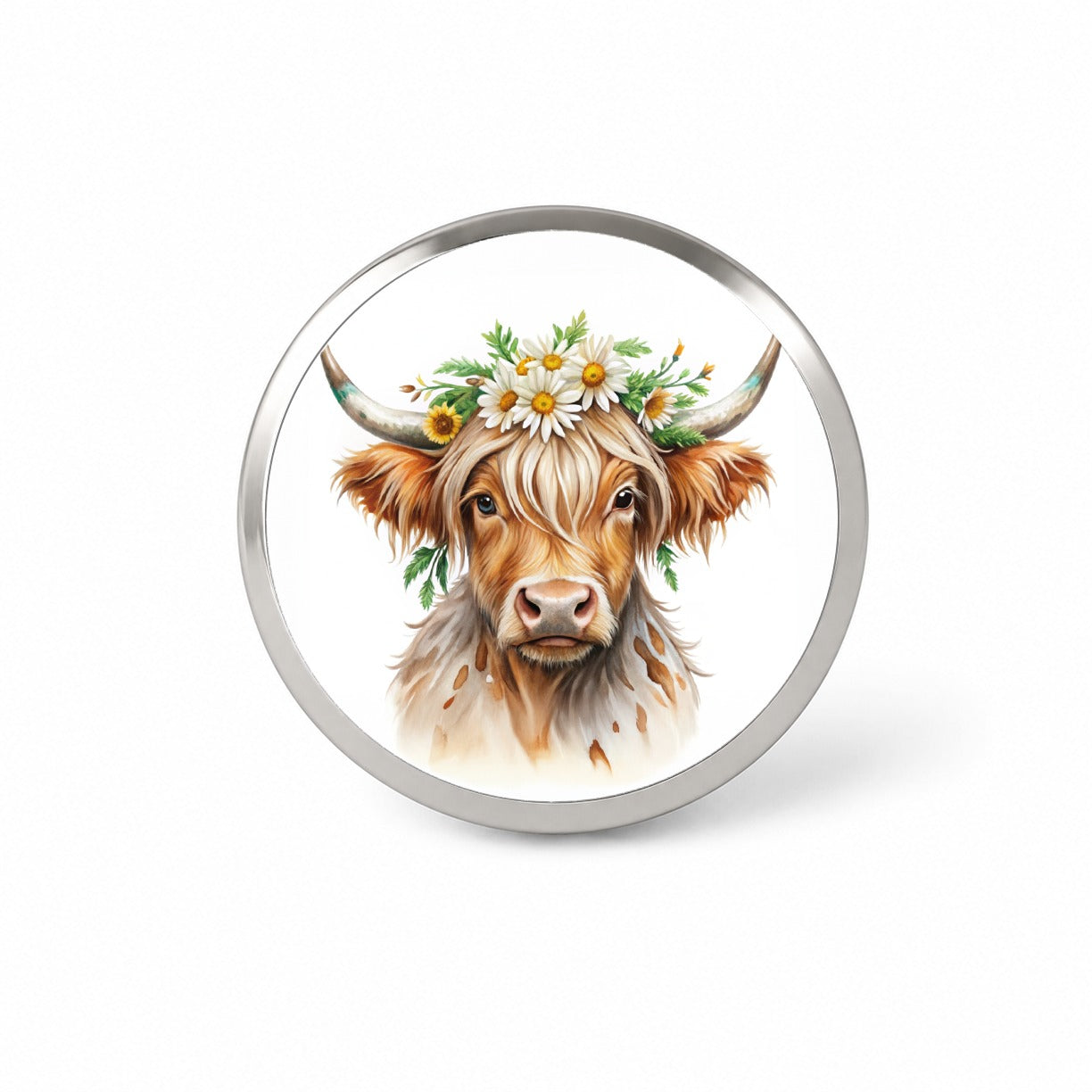 Highland Cow Watercolor Design With Daisies Novelty Hat Backpack Lapel Pin