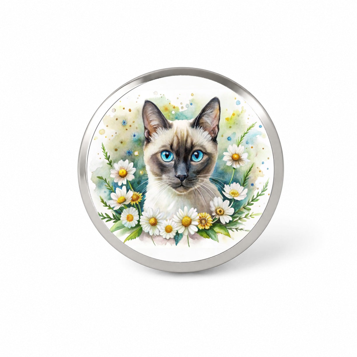 Siamese Cat Watercolor Design With Daisies Novelty Hat Backpack Lapel Pin