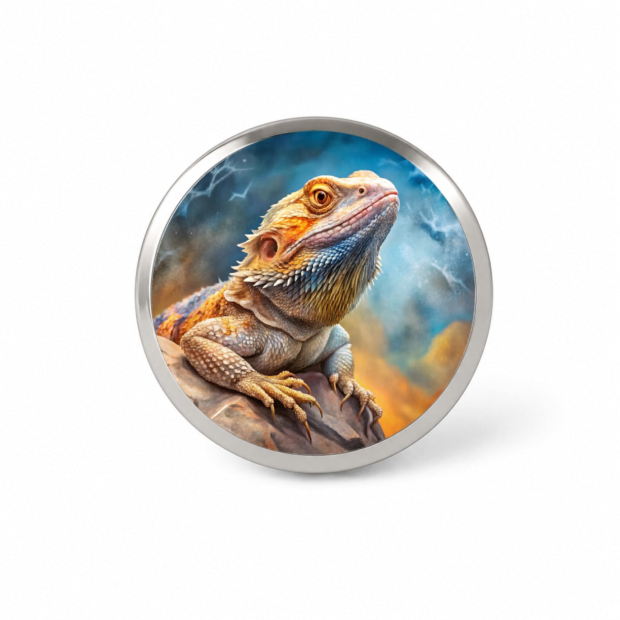 Bearded Dragon Lizard On Rock Stormy Scene Reptile Watercolor Novelty Hat Backpack Lapel Pin