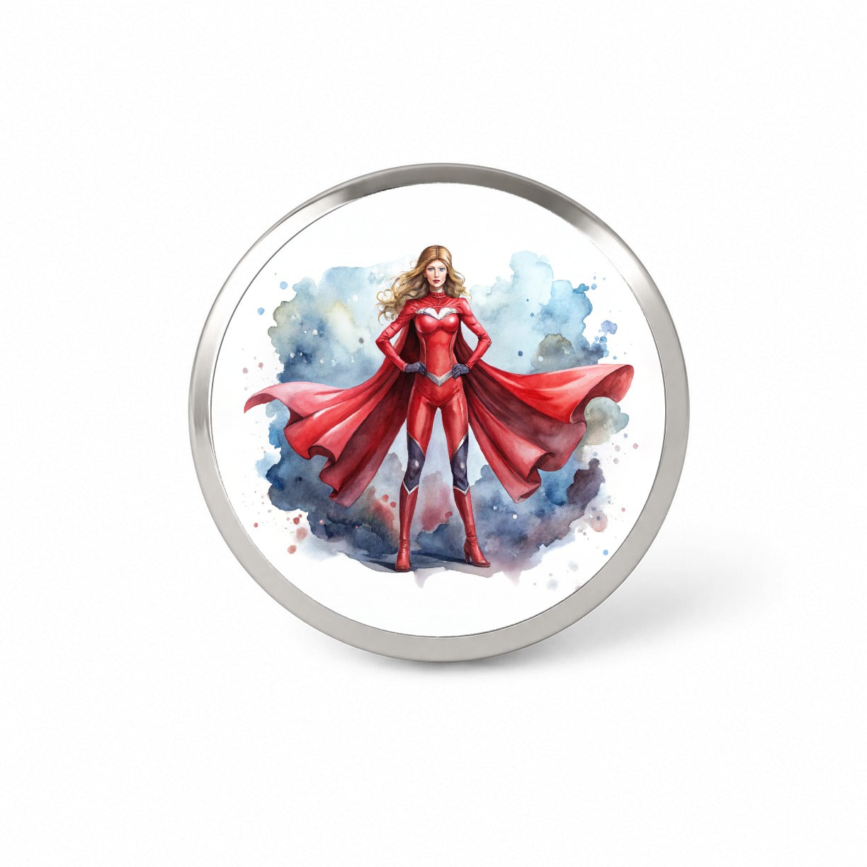 Classic Female Superhero With Red Costume Watercolor Novelty Hat Backpack Lapel Pin