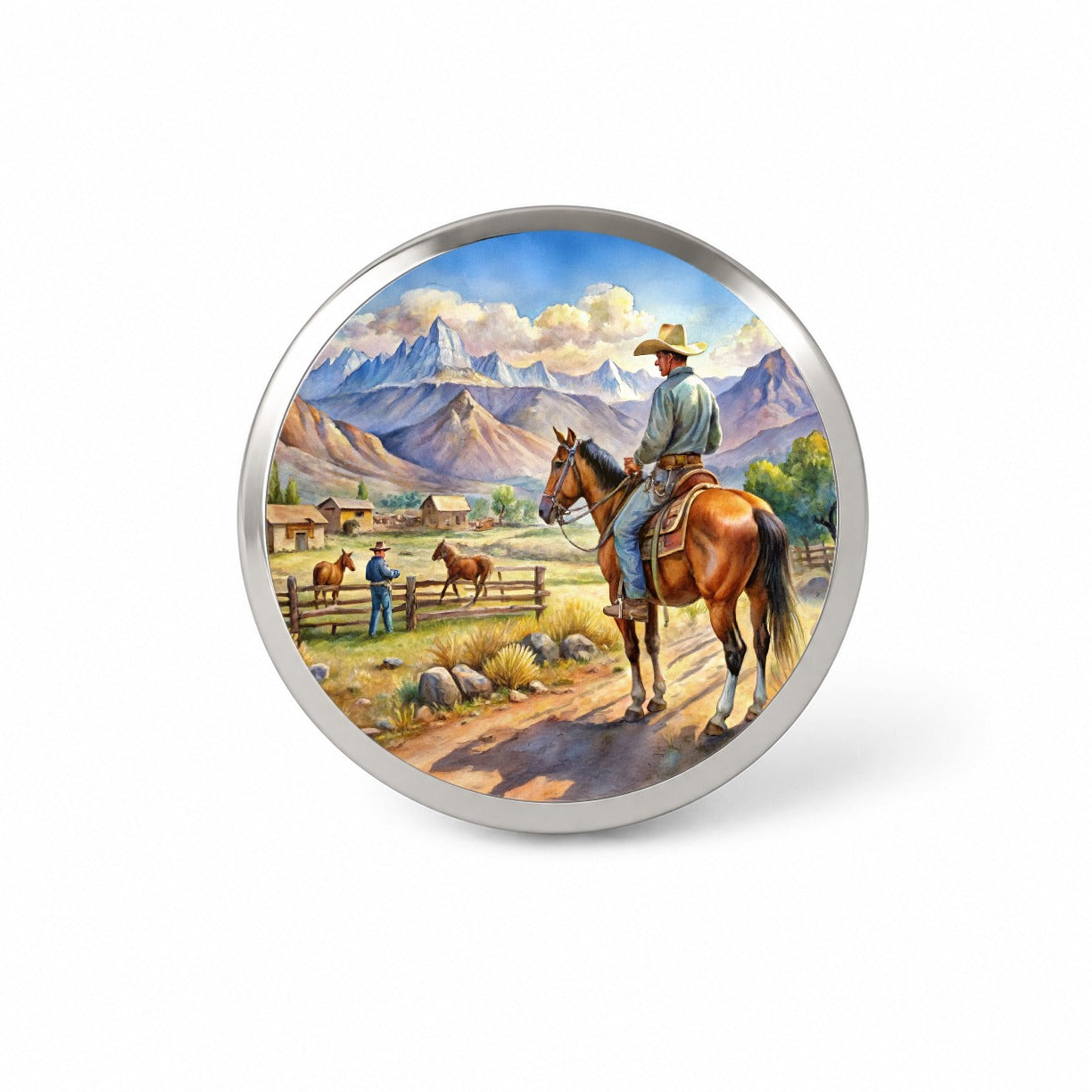 Cowboys Western Ranch Scene Watercolor Novelty Hat Backpack Lapel Pin