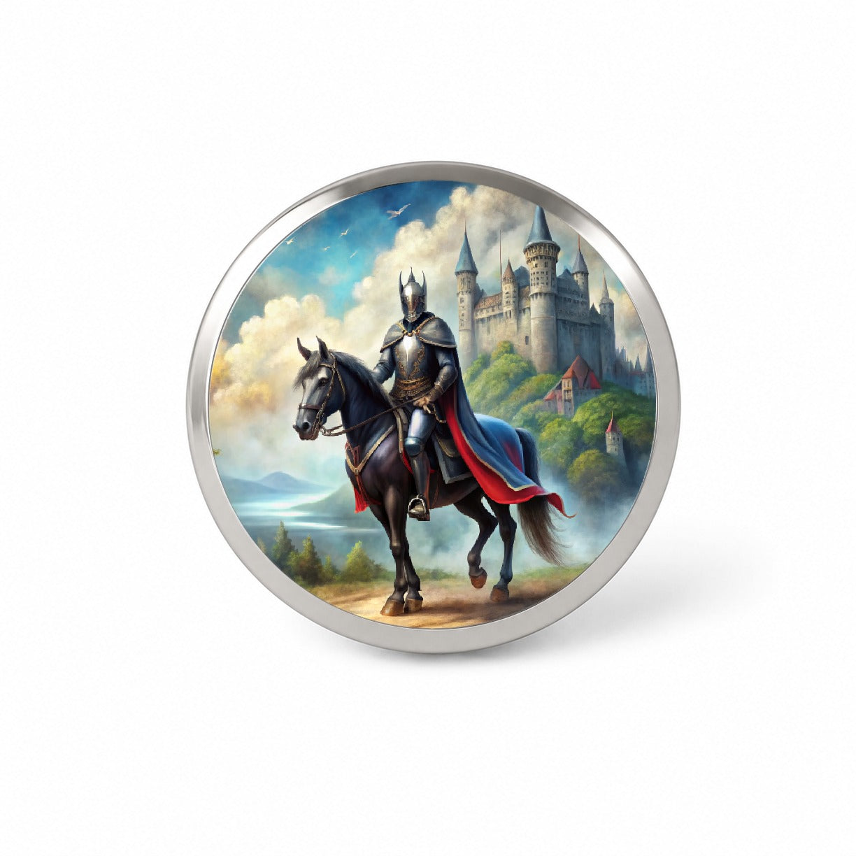 Fantasy Black Knight Astride Horse Outside Castle Watercolor Novelty Hat Backpack Lapel Pin