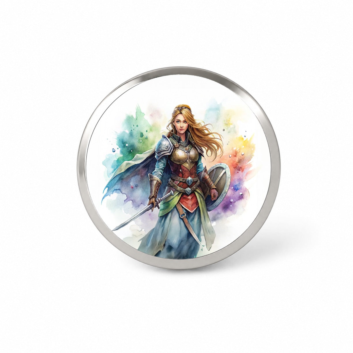 Fantasy Female Fighter Sword Shield-maiden Watercolor Novelty Hat Backpack Lapel Pin