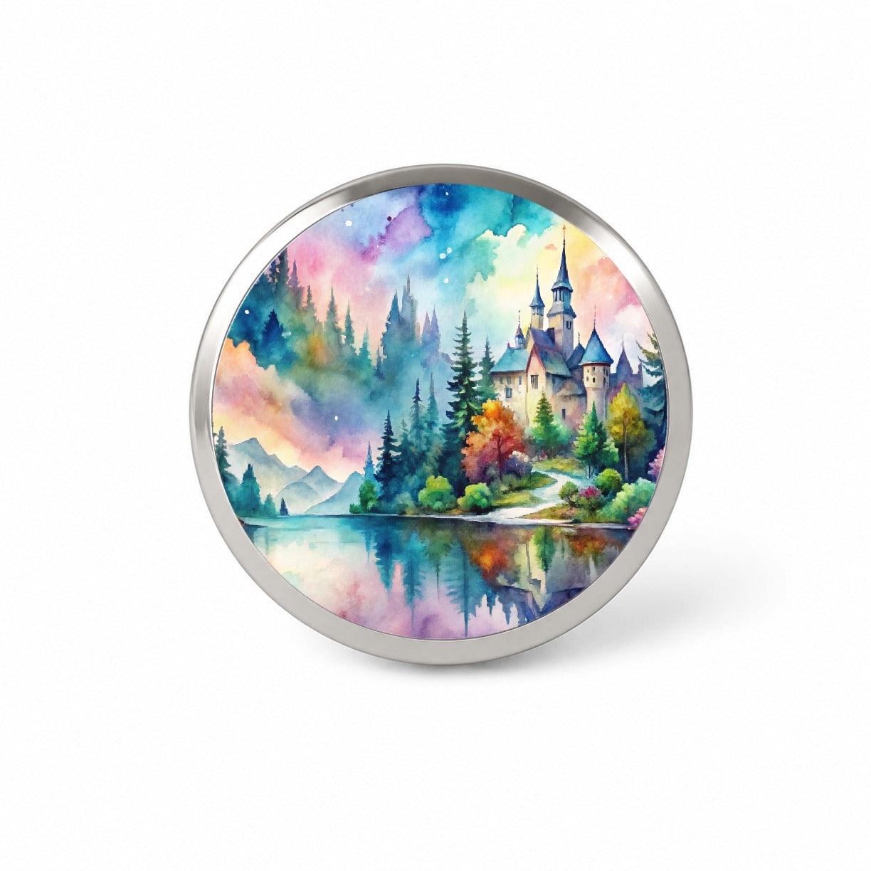 Fantasy Lake And Castle Scene Watercolor Novelty Hat Backpack Lapel Pin