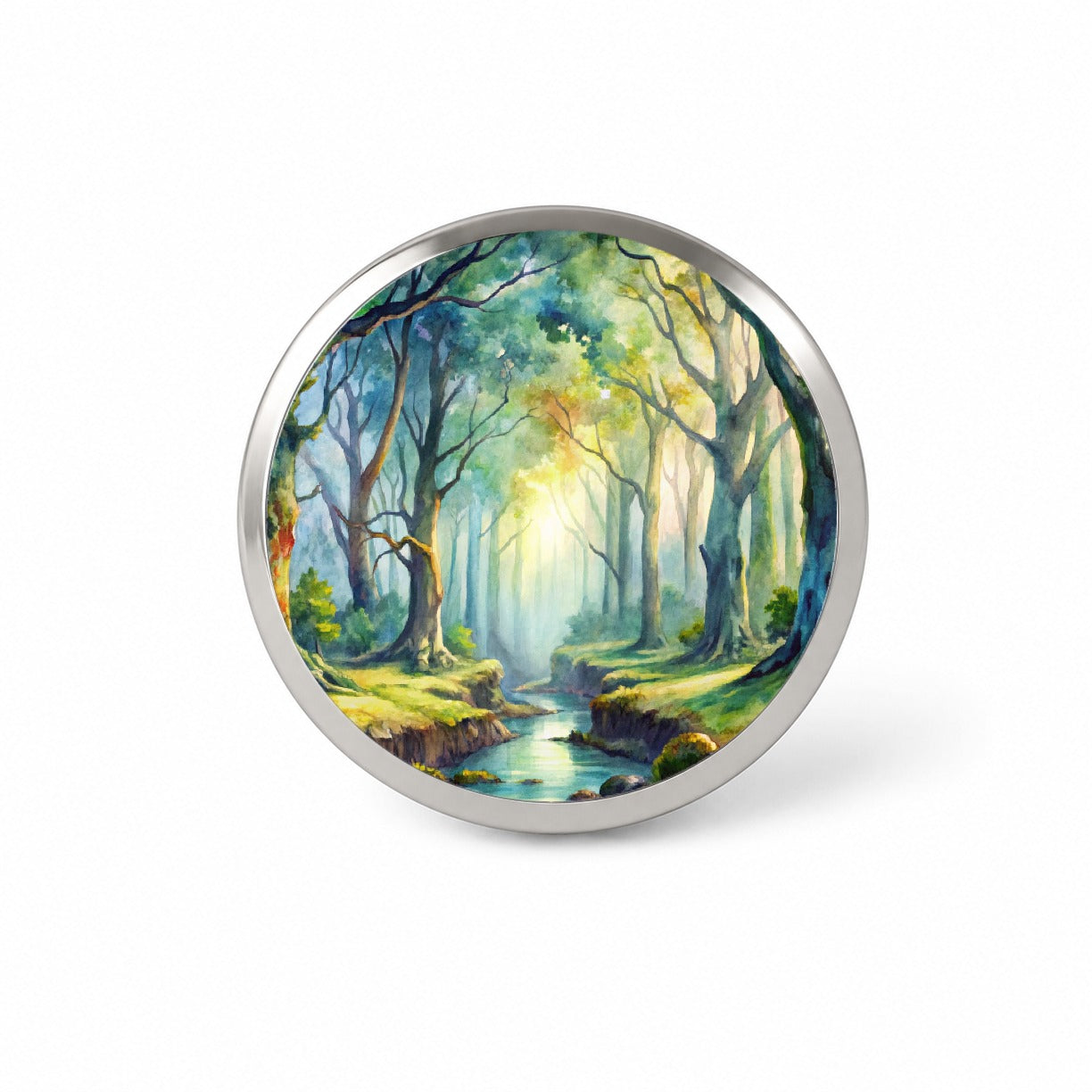 Fantasy Misty Forest Stream And Trees Watercolor Novelty Hat Backpack Lapel Pin