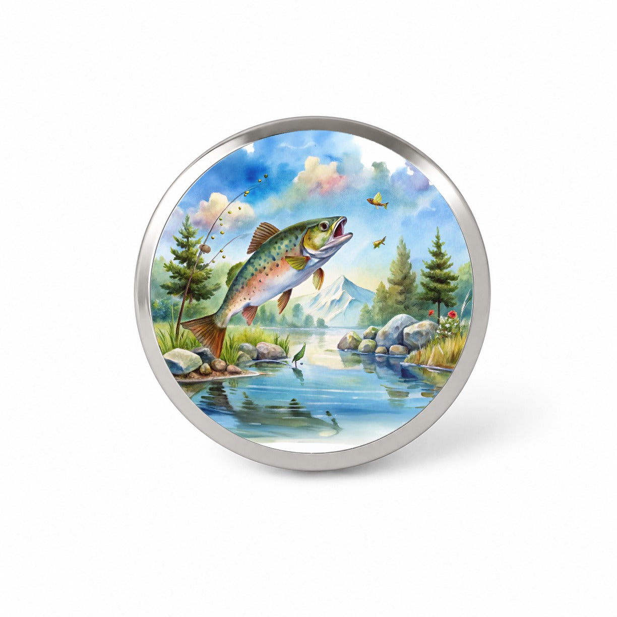 Fish Jumping Stream Lake Fishing Watercolor Novelty Hat Backpack Lapel Pin