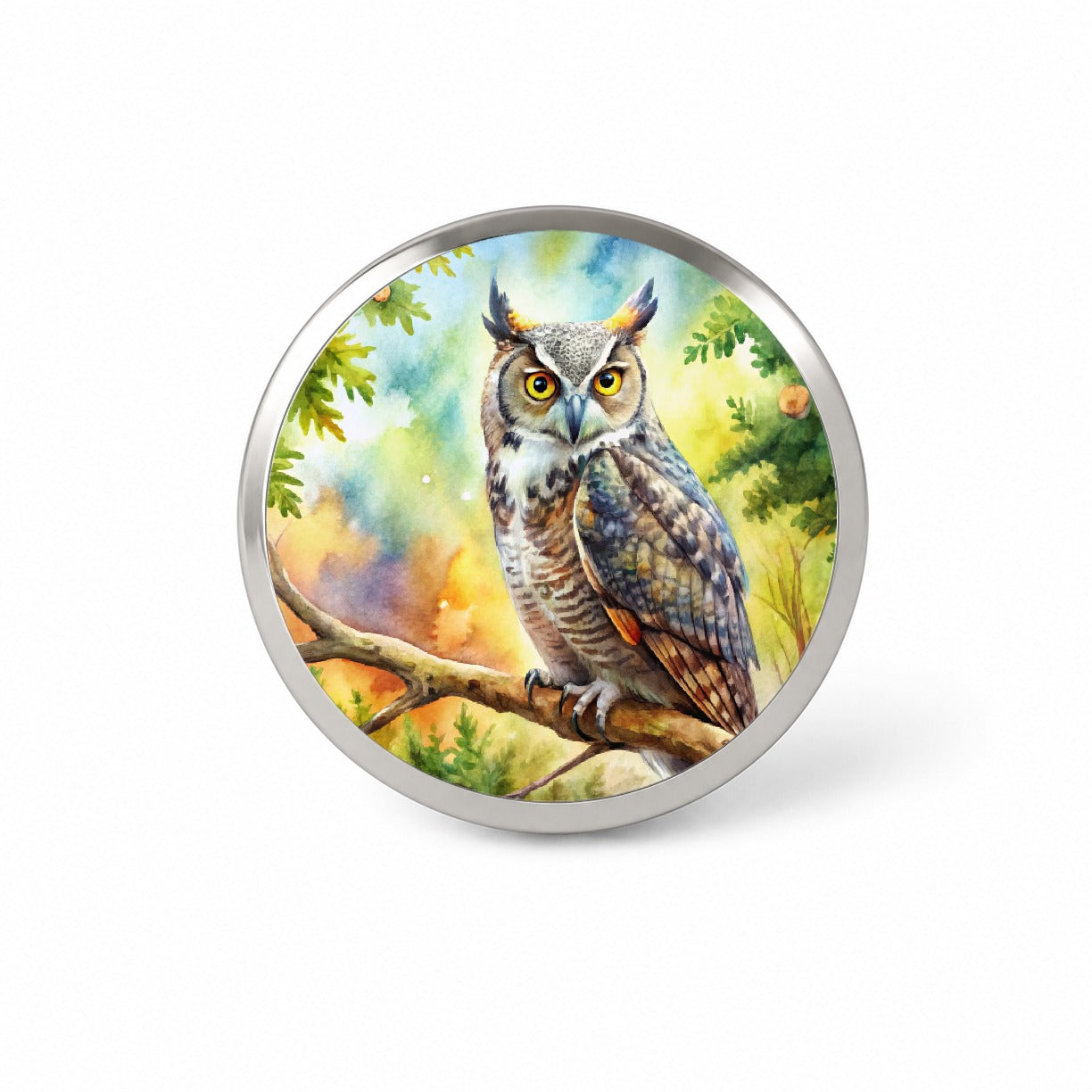 Great Horned Owl In Tree Watercolor Novelty Hat Backpack Lapel Pin