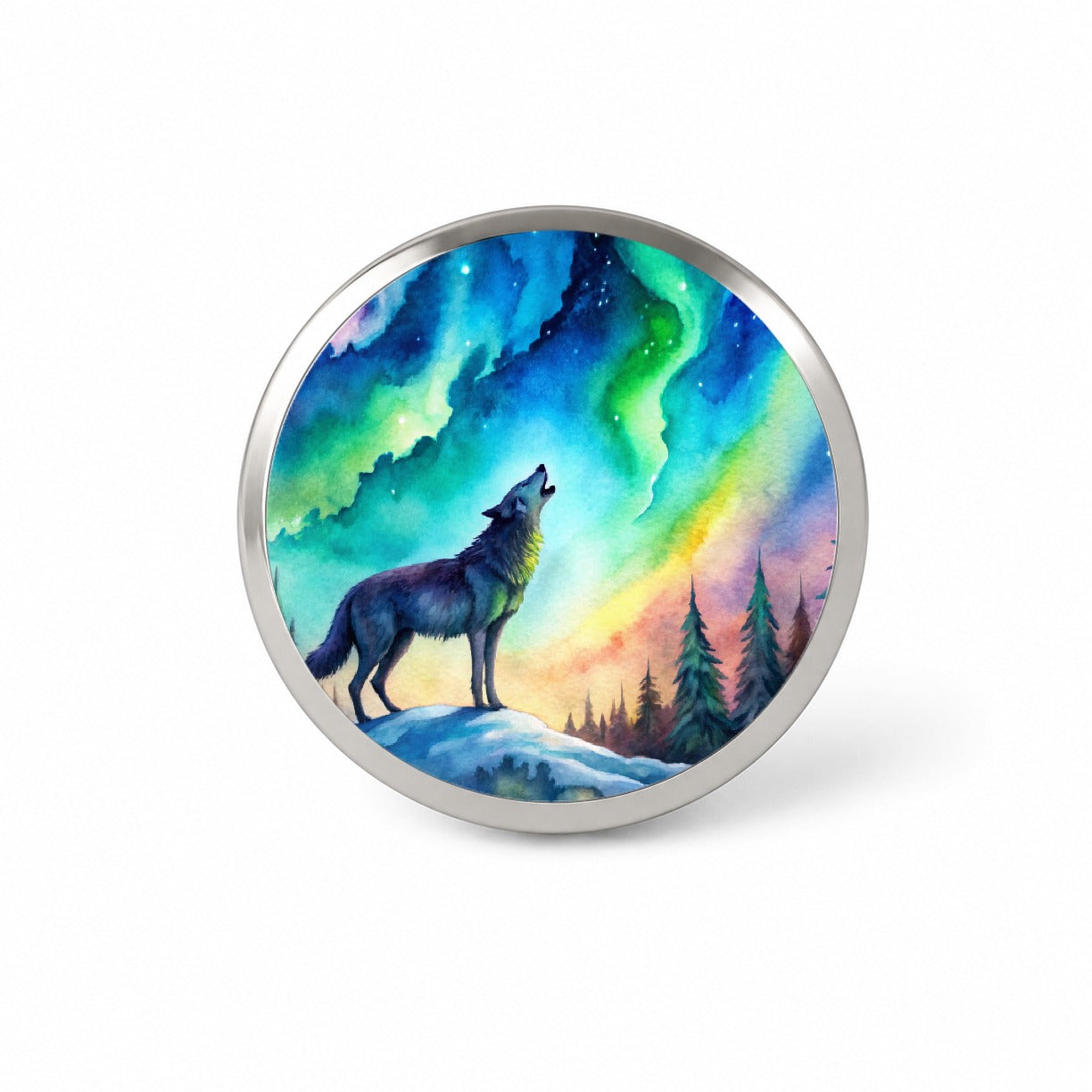 Howling Wolf And Northern Lights Watercolor Novelty Hat Backpack Lapel Pin