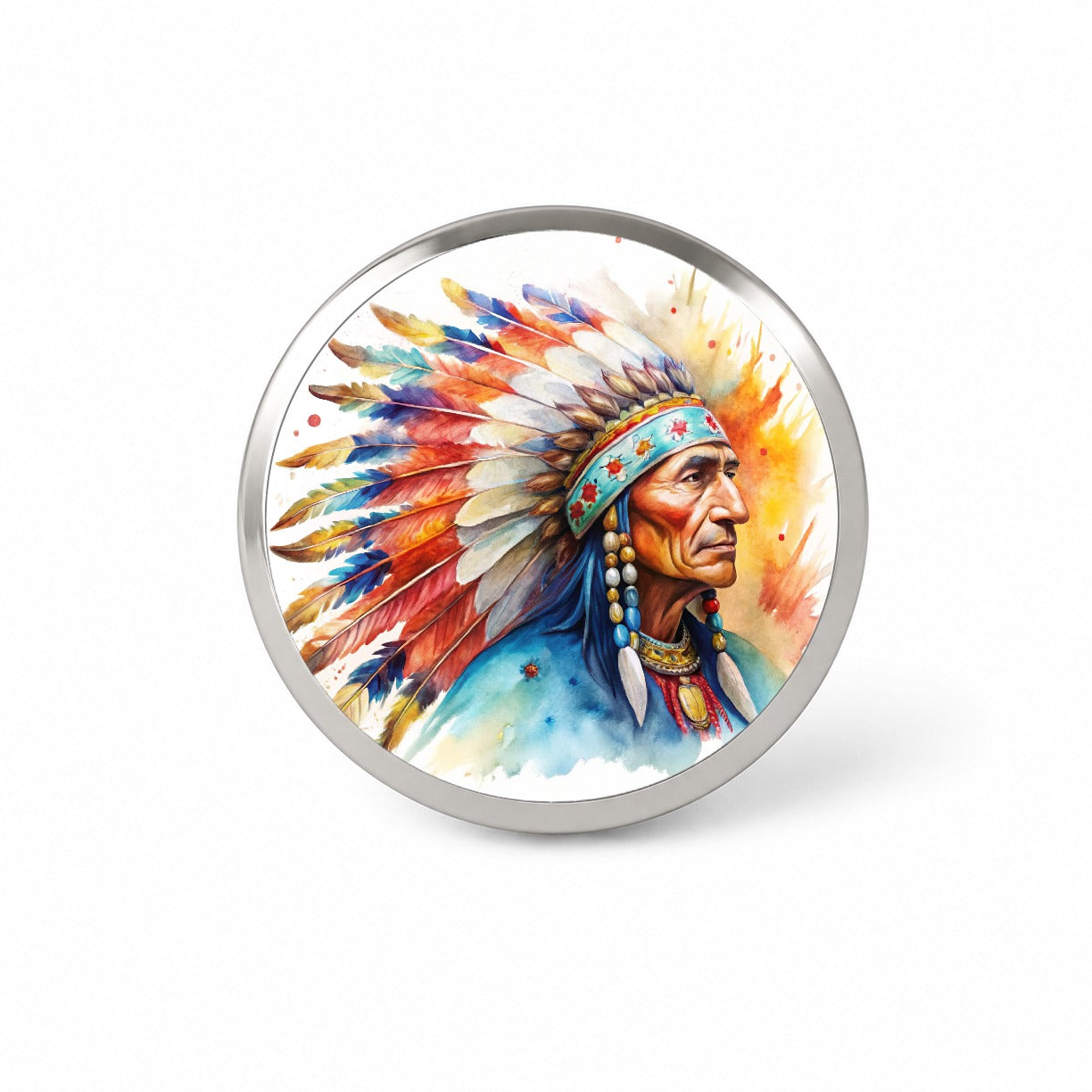 Native American Indian Chief Feather Headdress Watercolor Novelty Hat Backpack Lapel Pin