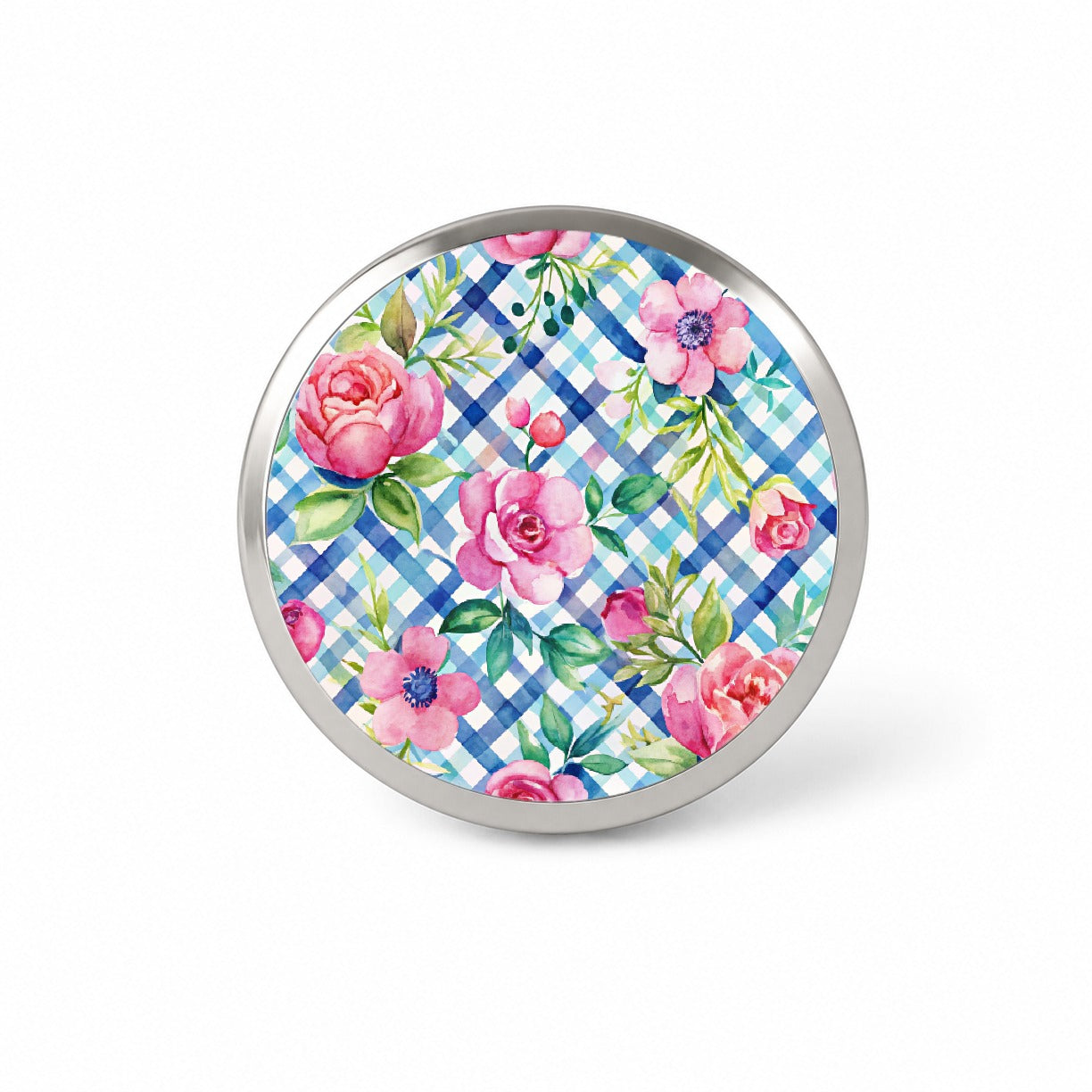 Preppy Pink Flowers Blue Gingham Plaid Novelty Hat Backpack Lapel Pin