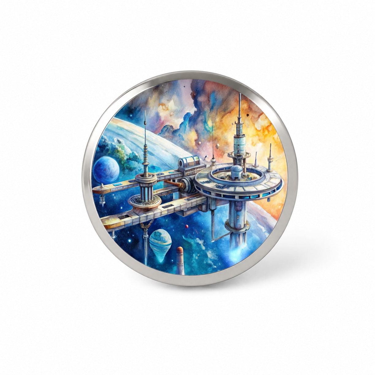 Sci-fi Space Station In Orbit Watercolor Novelty Hat Backpack Lapel Pin