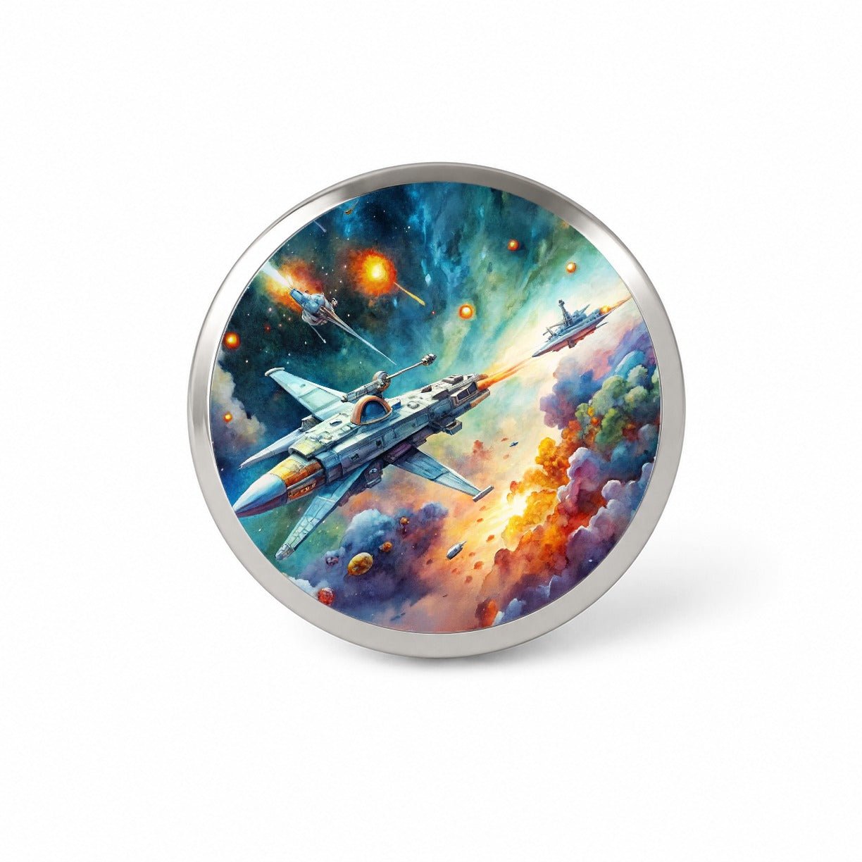 Sci-fi Spaceships Fighting In Space Watercolor Novelty Hat Backpack Lapel Pin