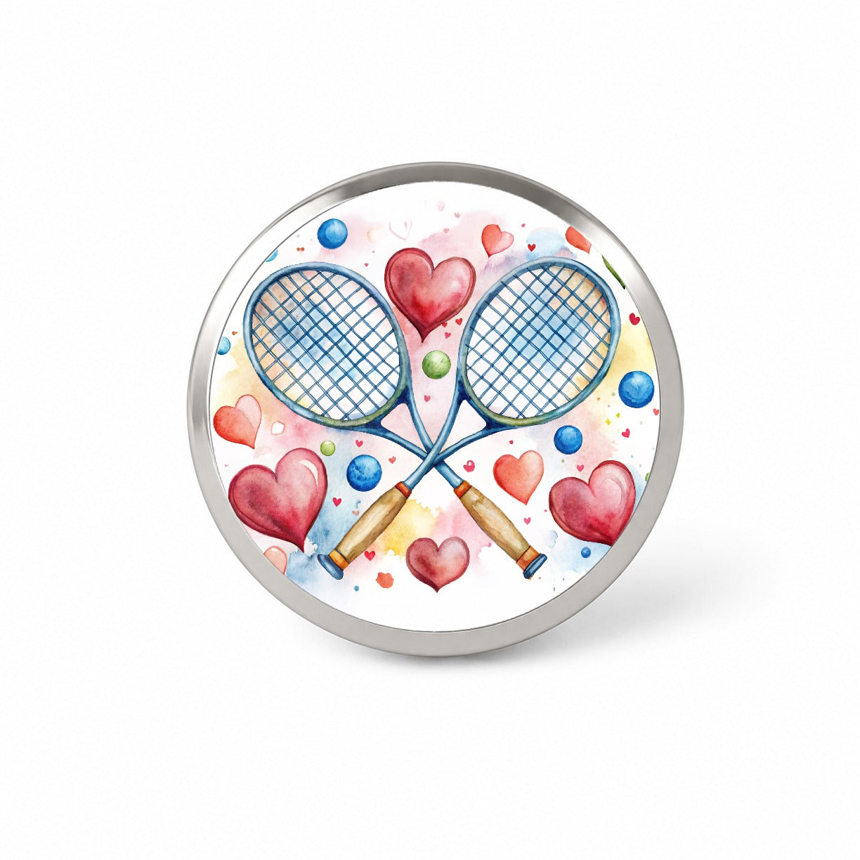 Tennis Rackets Crossed With Hearts Watercolor Novelty Hat Backpack Lapel Pin