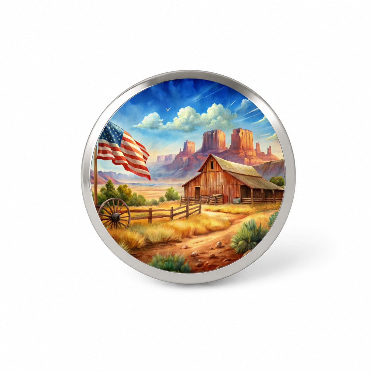 Western Americana Country Flag Ranch Wagon Wheel Novelty Hat Backpack Lapel Pin