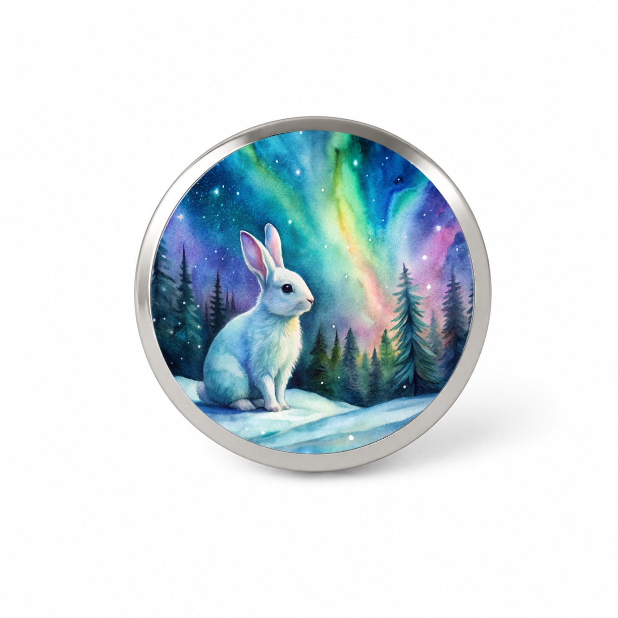 White Bunny Rabbit And Northern Lights Watercolor Novelty Hat Backpack Lapel Pin