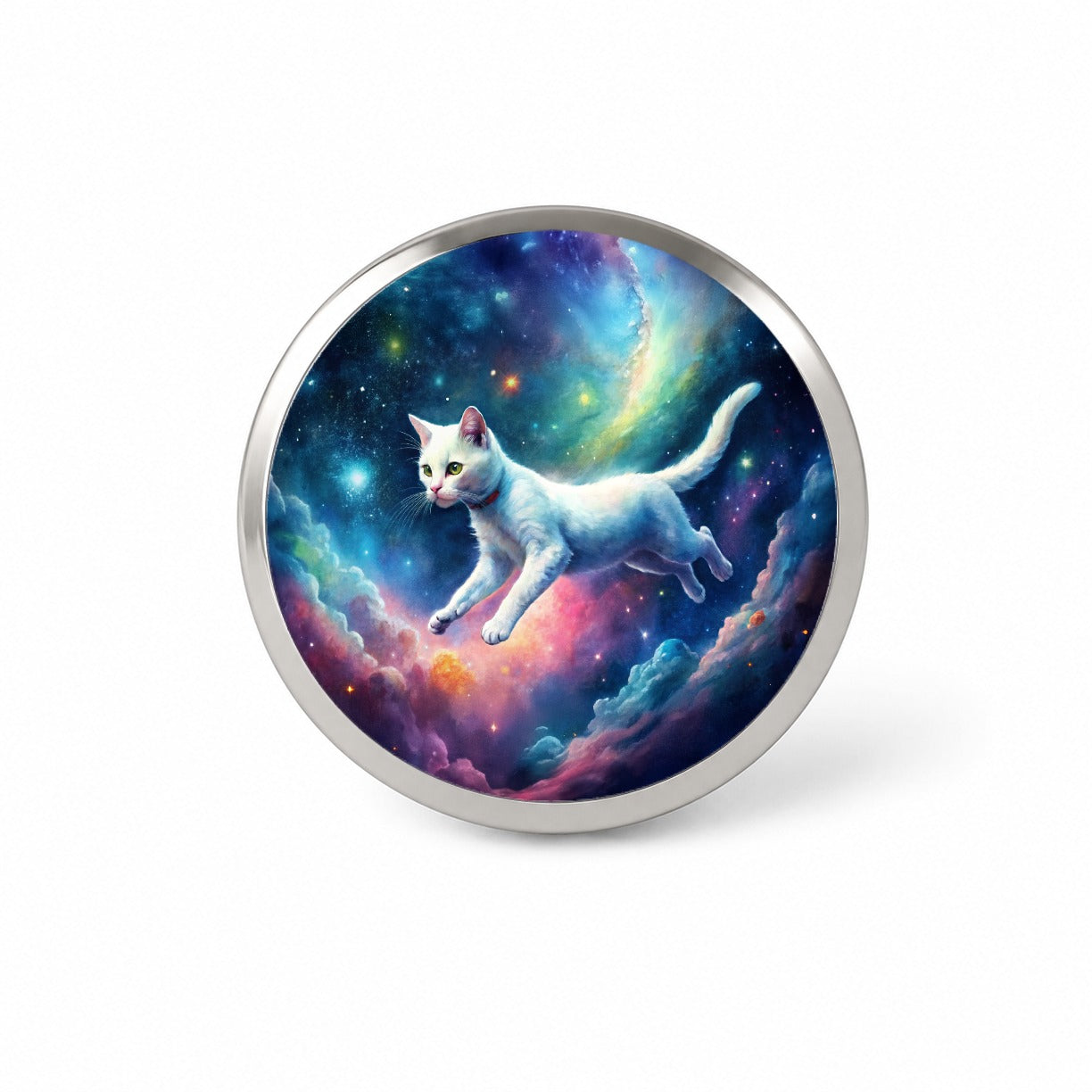 White Cat Flying Through Space Funny Watercolor Novelty Hat Backpack Lapel Pin