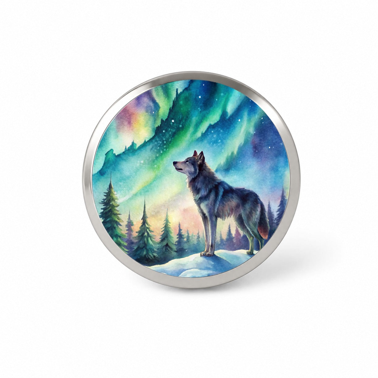 Wolf And Northern Lights Watercolor Novelty Hat Backpack Lapel Pin
