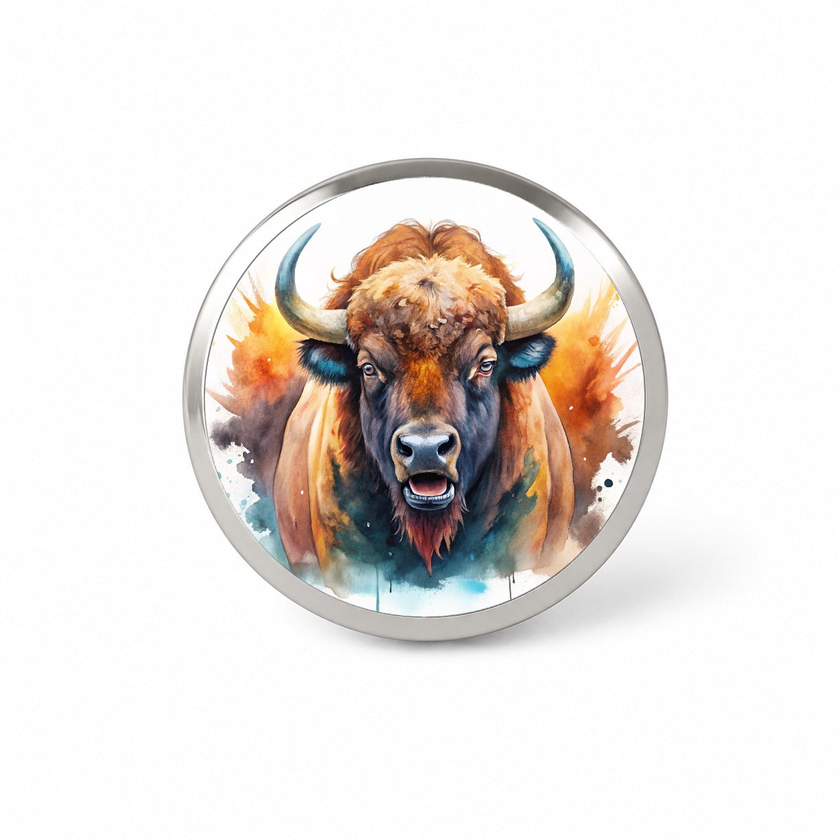 Angry American Bison Buffalo Watercolor Novelty Hat Backpack Lapel Pin