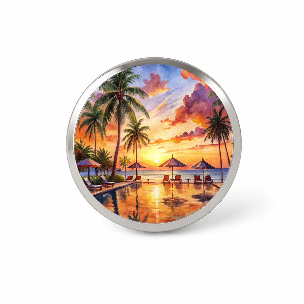 Beach Resort At Sunset Sunrise Tropical Watercolor Novelty Hat Backpack Lapel Pin