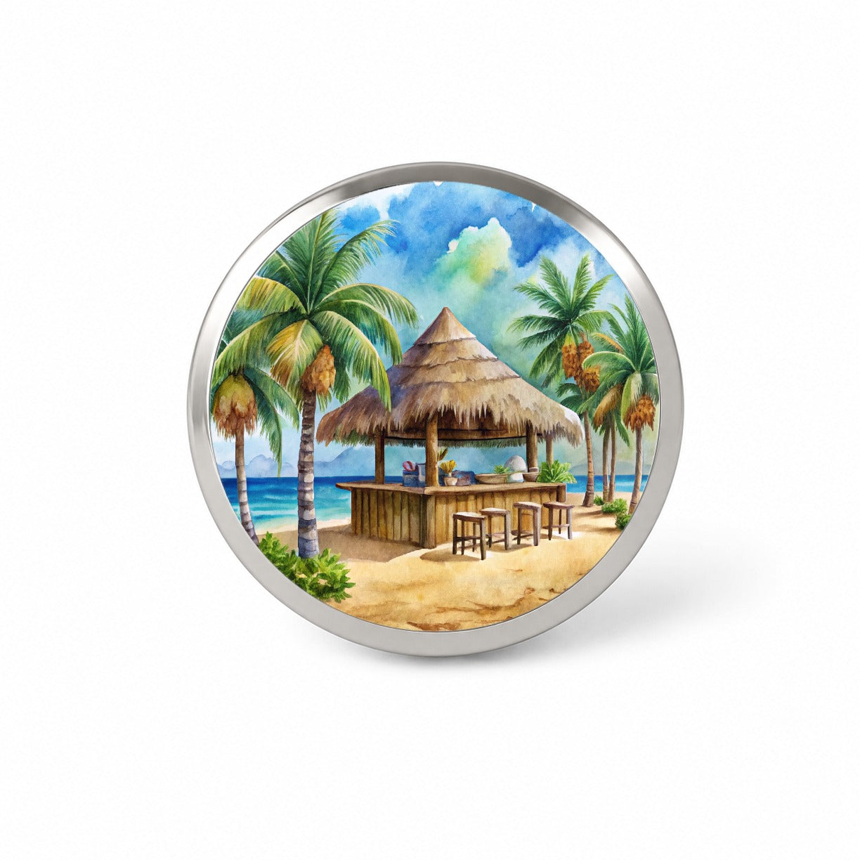 Beach Resort Tropical Scene With Tiki Bar Novelty Hat Backpack Lapel Pin