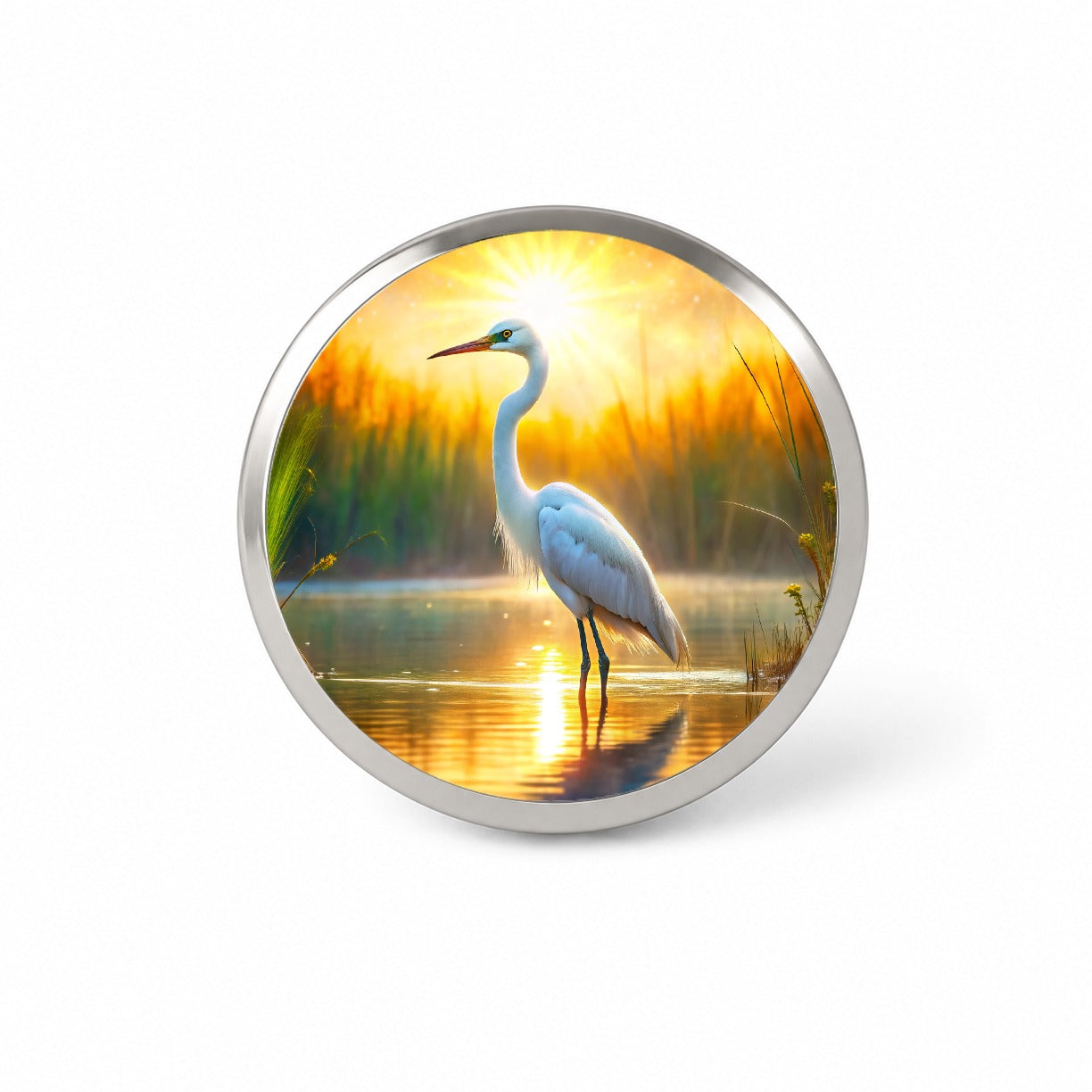 Egret Standing In Pond Backlit By The Sun Watercolor Novelty Hat Backpack Lapel Pin