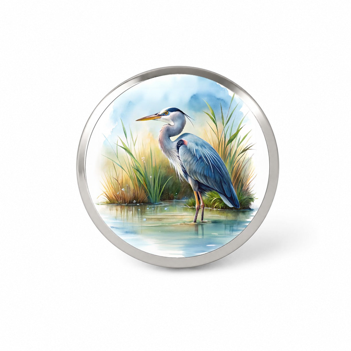 Great Blue Heron Standing In Marsh Pond Watercolor Novelty Hat Backpack Lapel Pin