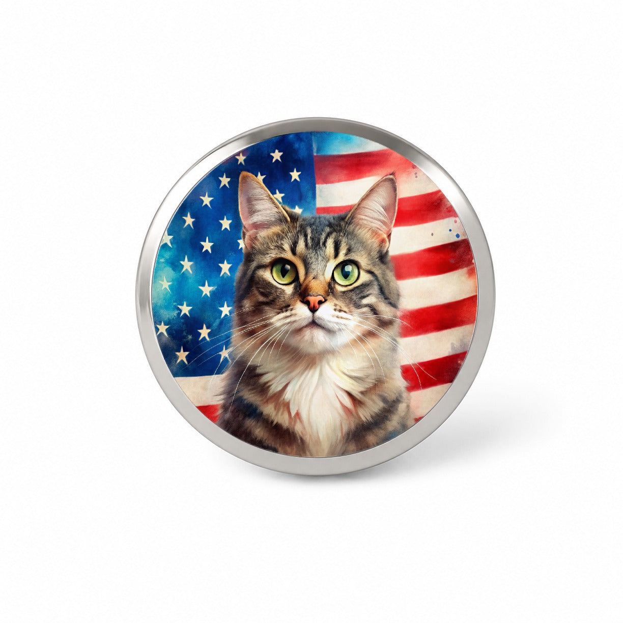 Patriotic Cat Watercolor American Flag Background Novelty Hat Backpack Lapel Pin