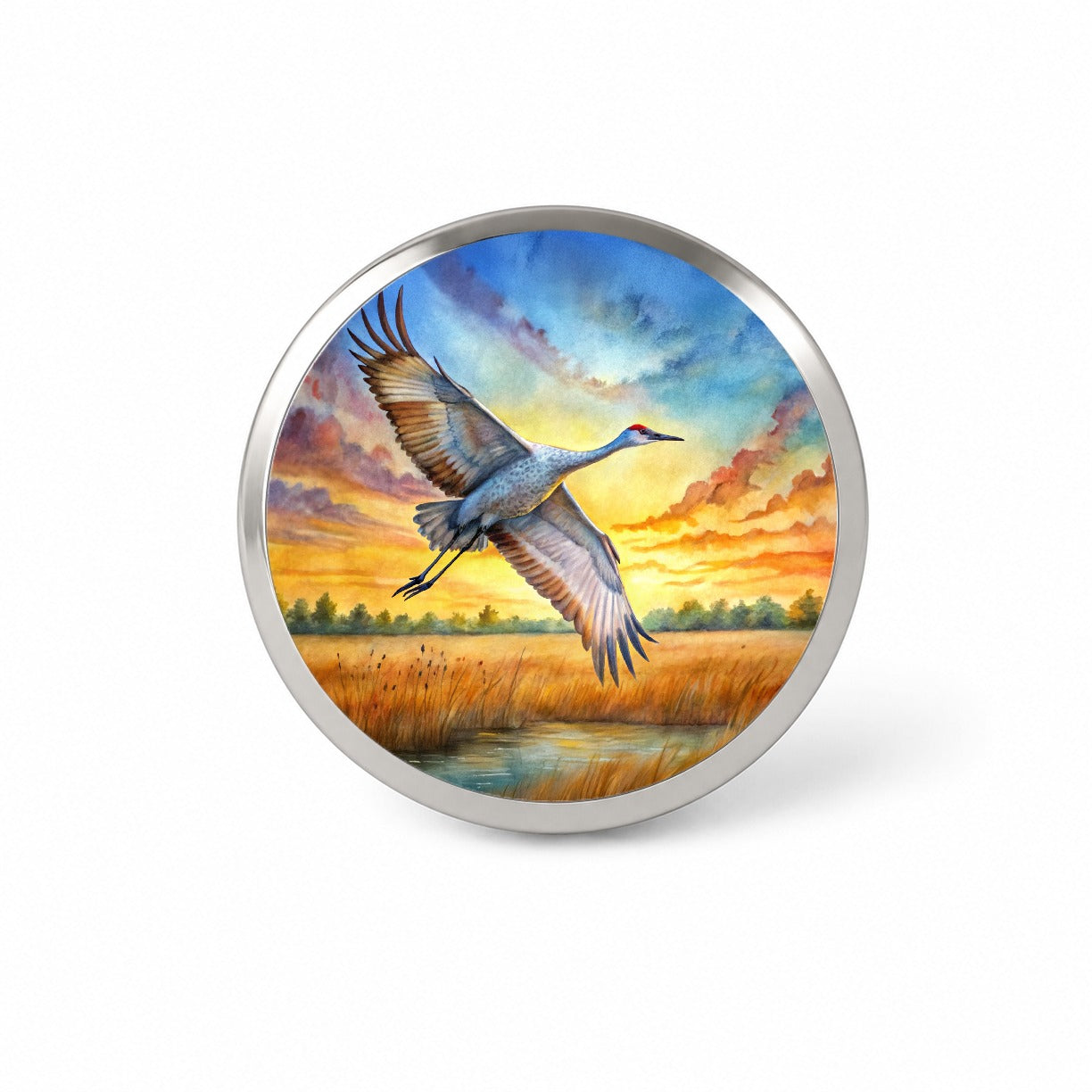 Sandhill Crane In Flight At Sunset Watercolor Novelty Hat Backpack Lapel Pin