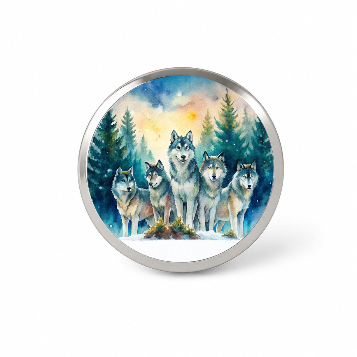 Wolfpack Snowy Forest Wolf Scene Watercolor Novelty Hat Backpack Lapel Pin