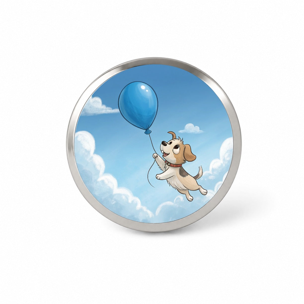 Dog Carried by Blue Balloon into the Sky Novelty Hat Backpack Lapel Pin