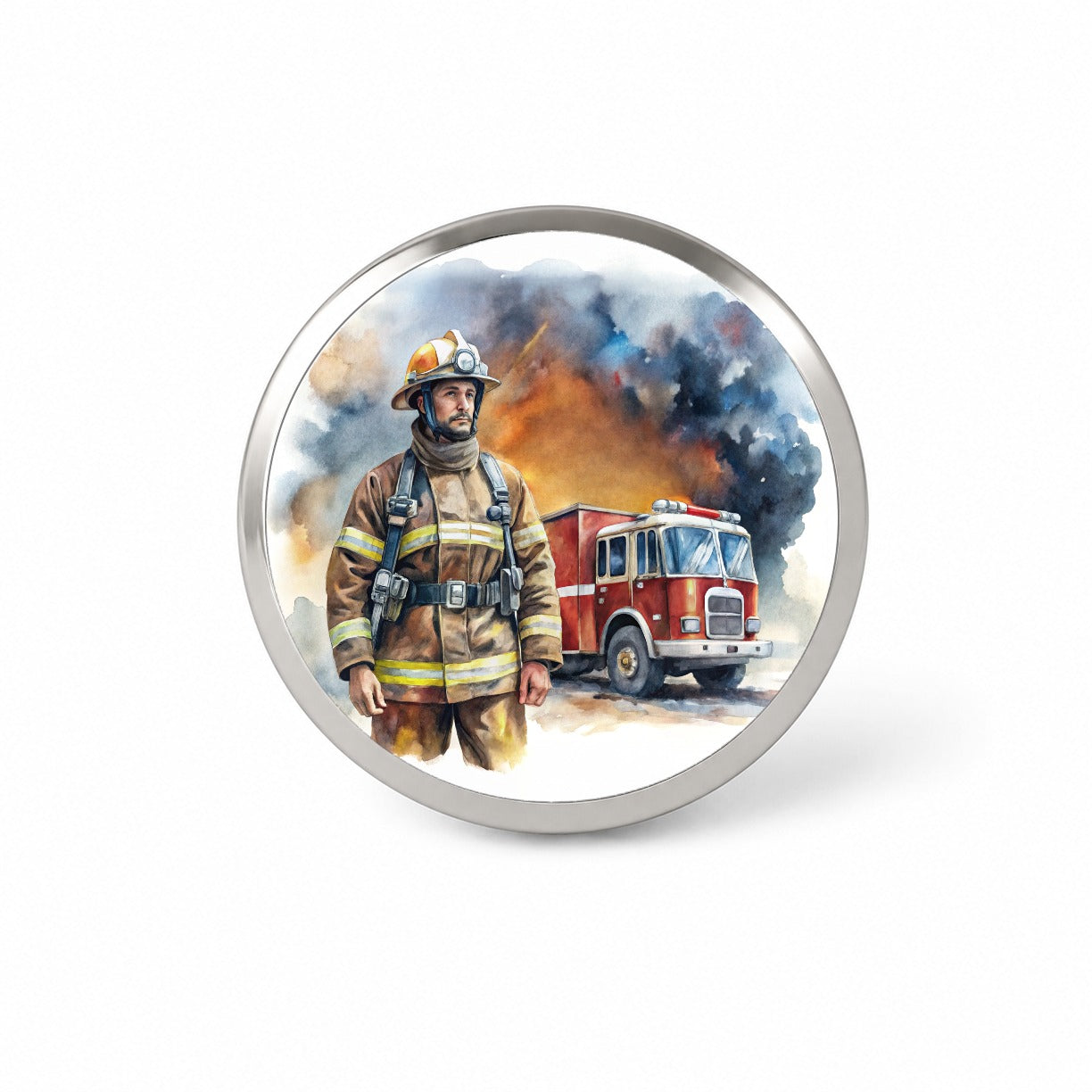 Firefighter and Fire Engine Watercolor Novelty Hat Backpack Lapel Pin