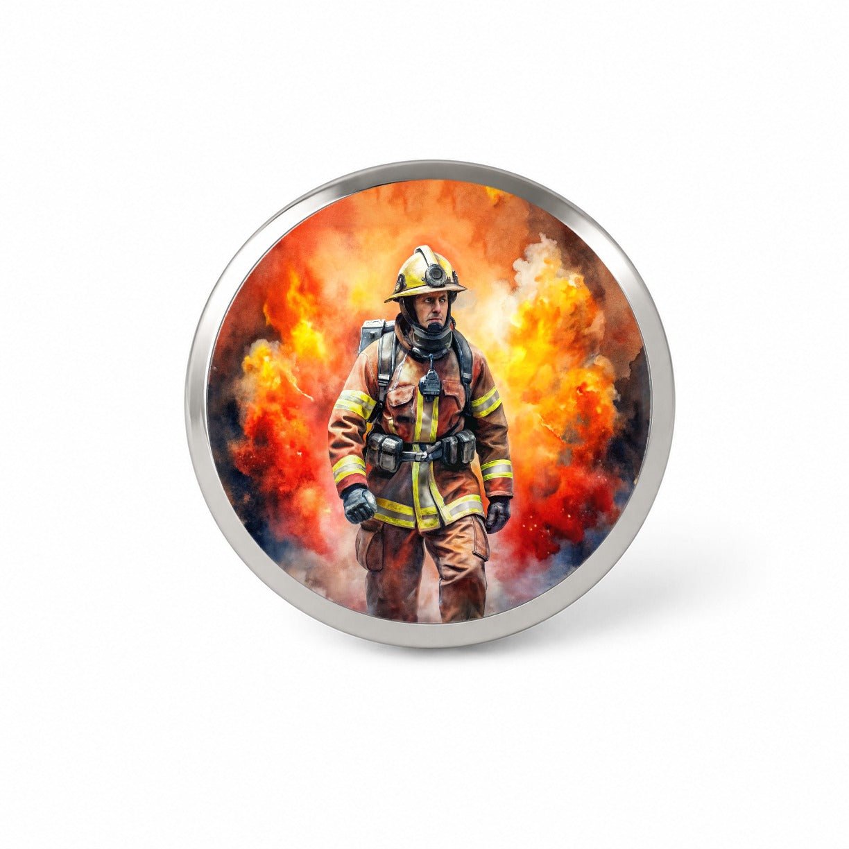 Firefighter Walking Out of Flames Watercolor Novelty Hat Backpack Lapel Pin