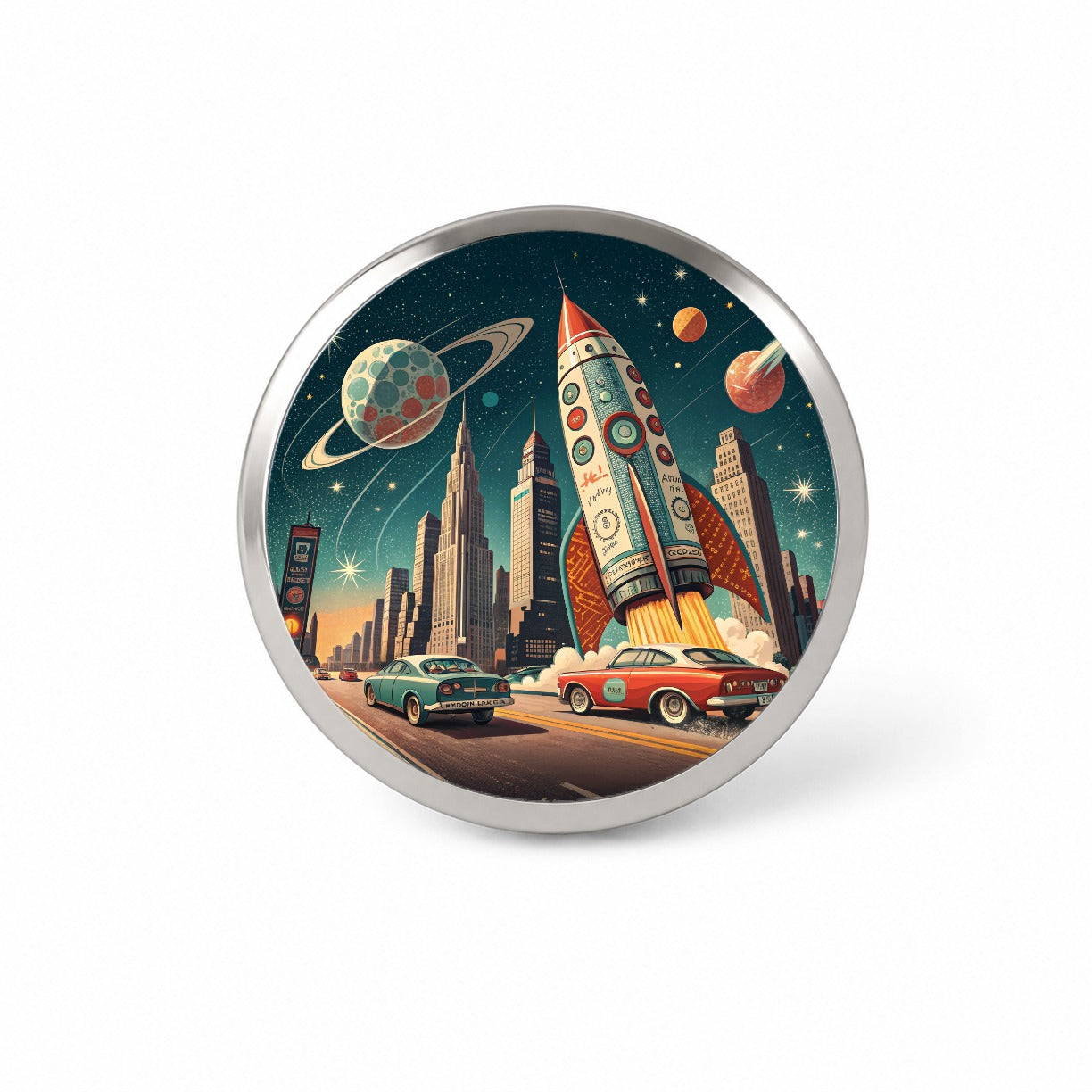 Retro Sci-fi 60's Poster Art Rocket Novelty Hat Backpack Lapel Pin