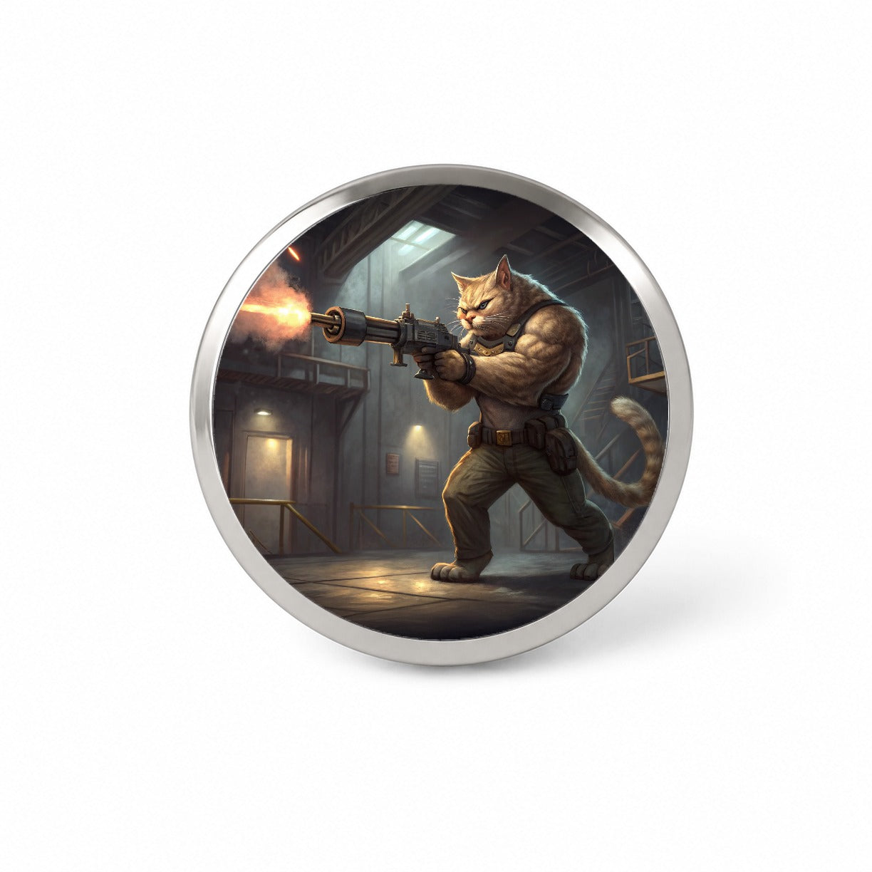 Sci-fi Action Hero Cat Shooting A Machine Gun Novelty Hat Backpack Lapel Pin