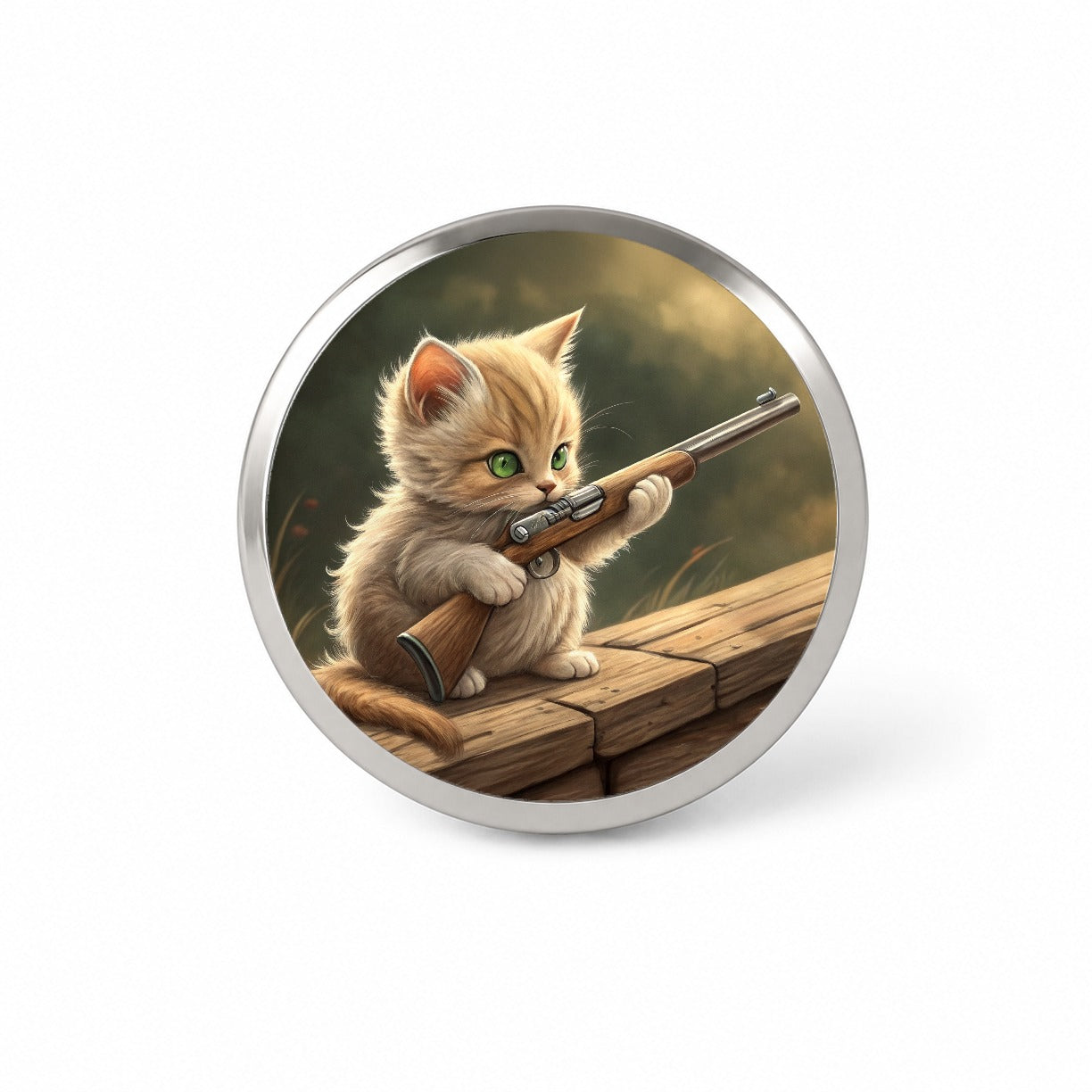 Small Cute Fuzzy Cat Kitten with a Shotgun Funny Novelty Hat Backpack Lapel Pin