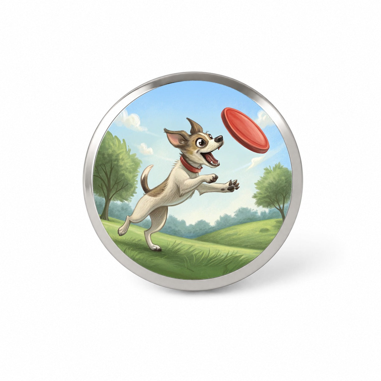 Small Dog Catching a Flying Disc Novelty Hat Backpack Lapel Pin