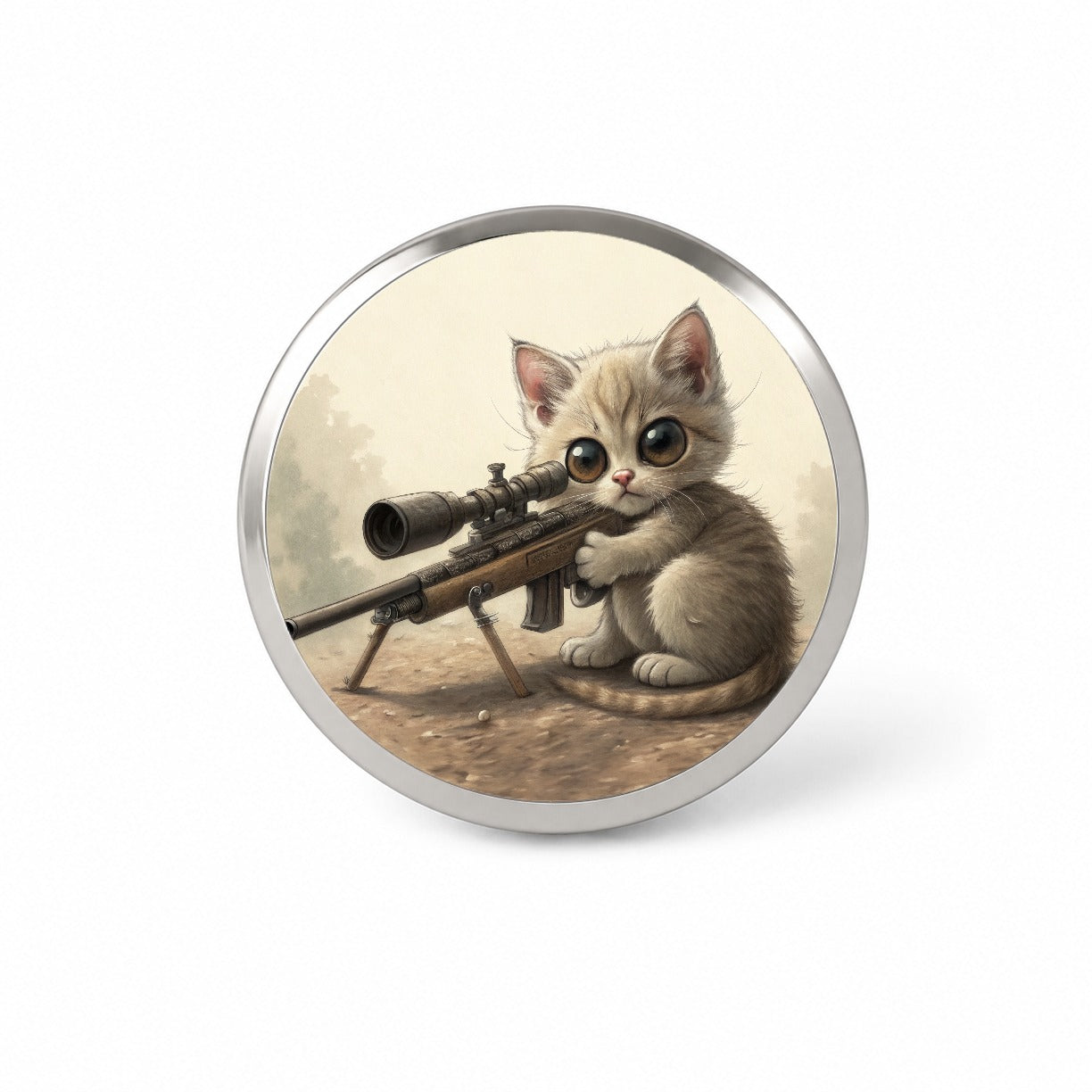 Small Fuzzy Cat Kitten With A Sniper Rifle Funny Novelty Hat Backpack Lapel Pin