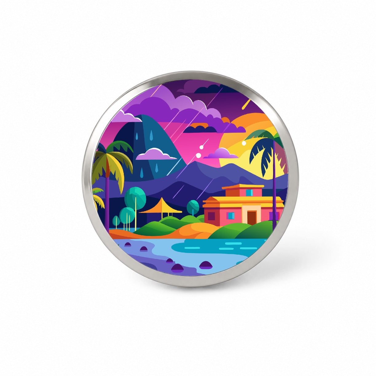 Vibrant Colored Tropical Monsoon Raining Landscape Novelty Hat Backpack Lapel Pin