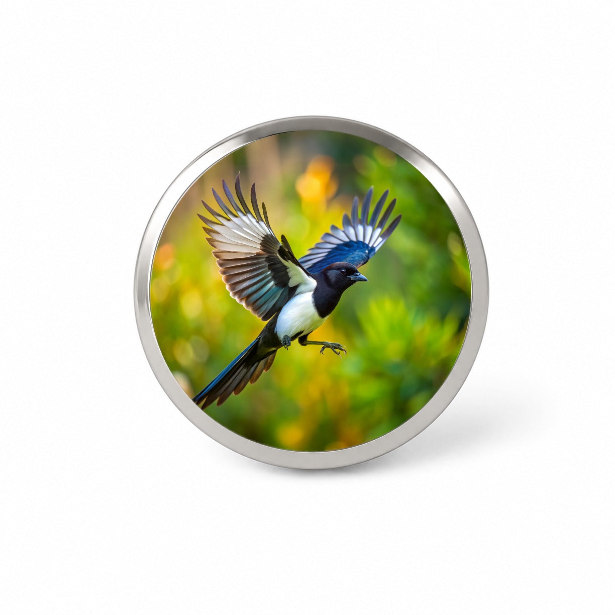 Black Billed Magpie Flying Backyard Bird Novelty Hat Backpack Lapel Pin