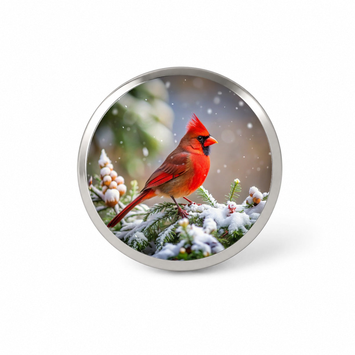 Cardinal In Winter Backyard Bird Novelty Hat Backpack Lapel Pin