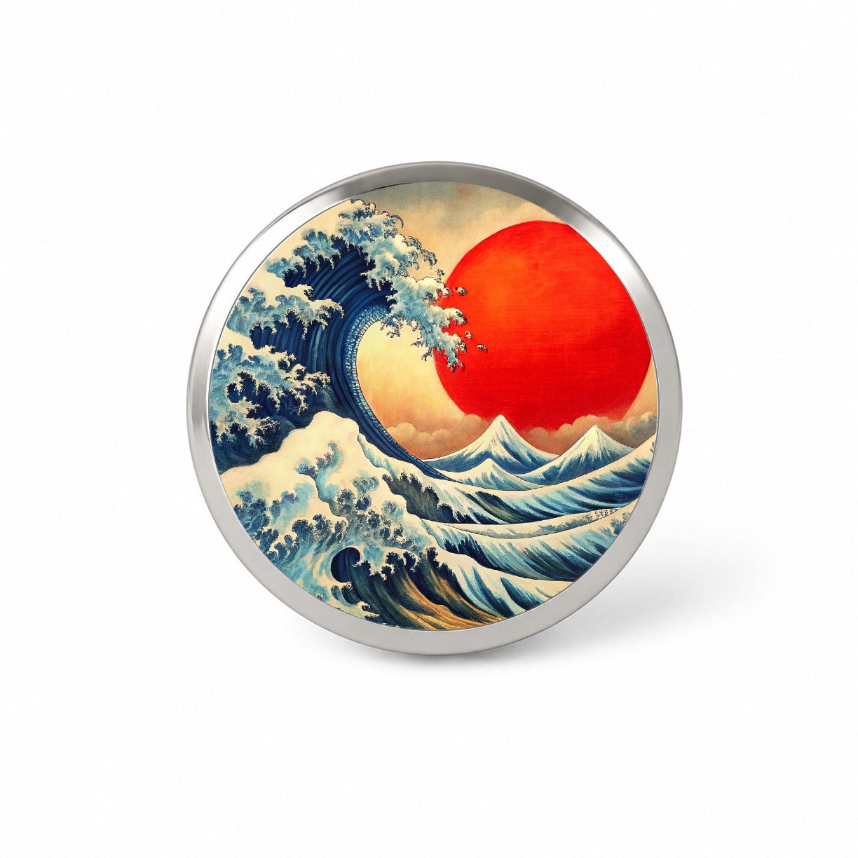 Japanese Blue Ocean Waves Large Red Sun Ink Painting Novelty Hat Backpack Lapel Pin